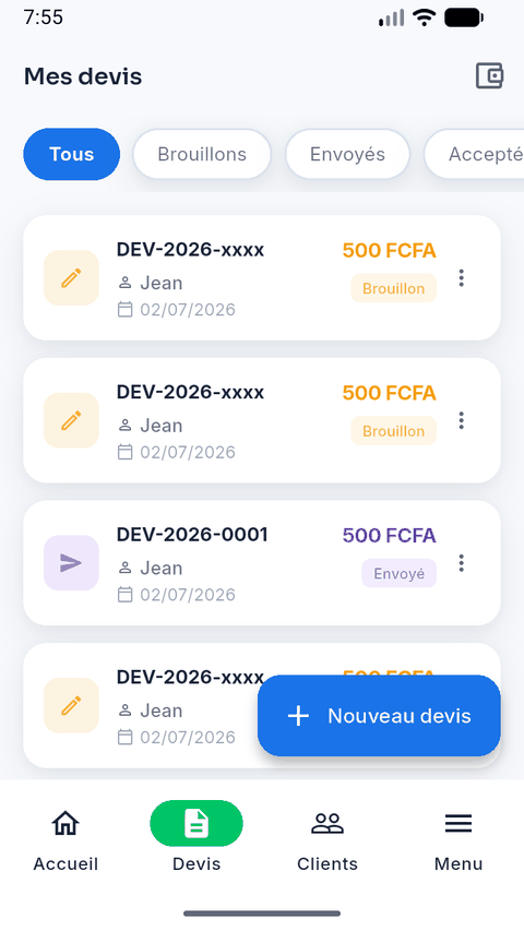 Liste « Mes devis » avec le montant et le statut de chaque devis.