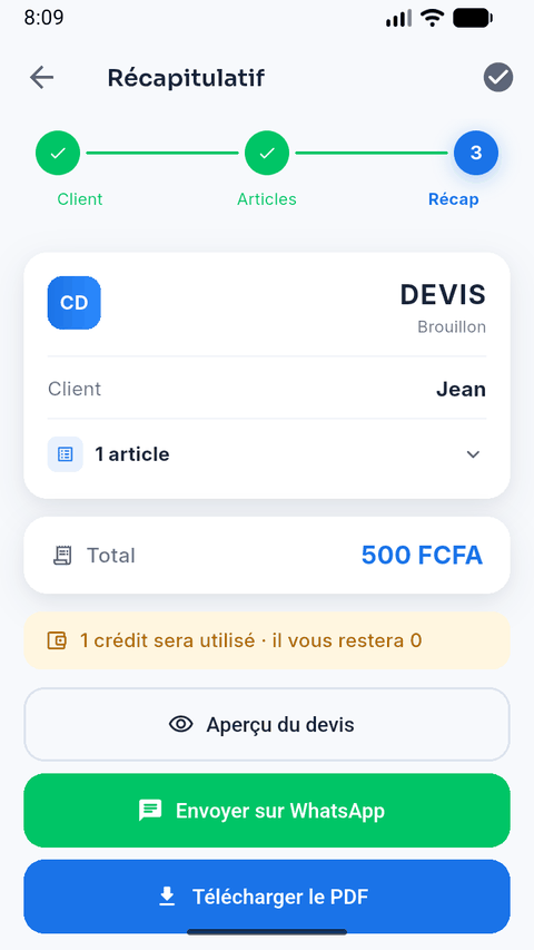 Récapitulatif d'un devis avec le total, l'envoi sur WhatsApp et l'export en PDF.