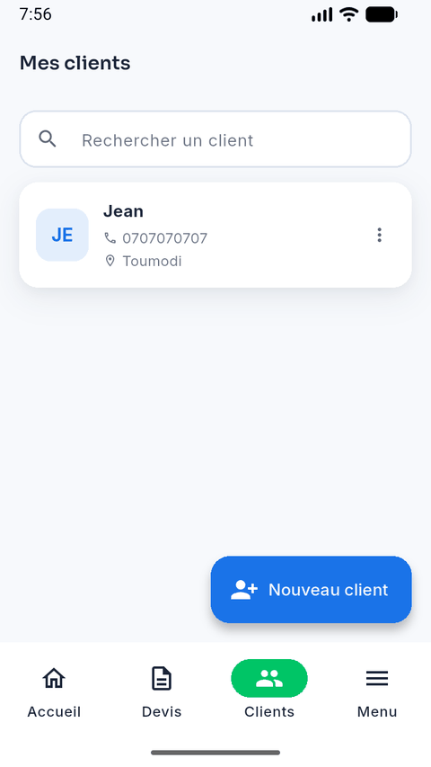Écran « Mes clients » : répertoire des clients avec nom, téléphone et ville.